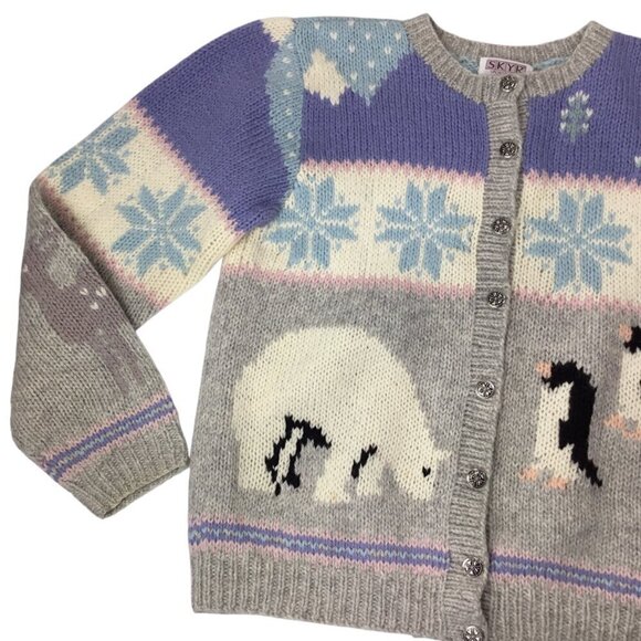 Vtg Hand Knit Skyr Cardigan Sweater Nordic Fair Isle Penguin Polar Bear Reindeer - Picture 8 of 11